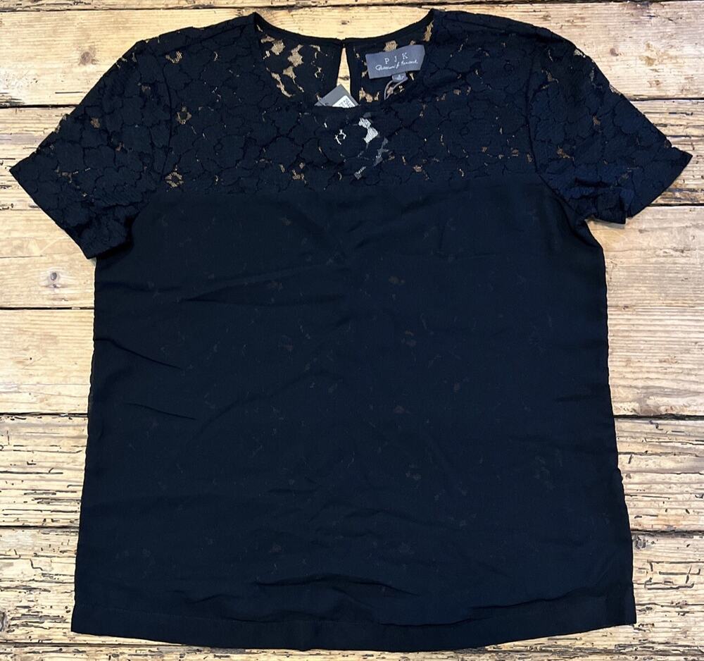 PJK Women’s Size S Black Short Sleeve Top W Lace Shoulder And Chest Blouse NWT